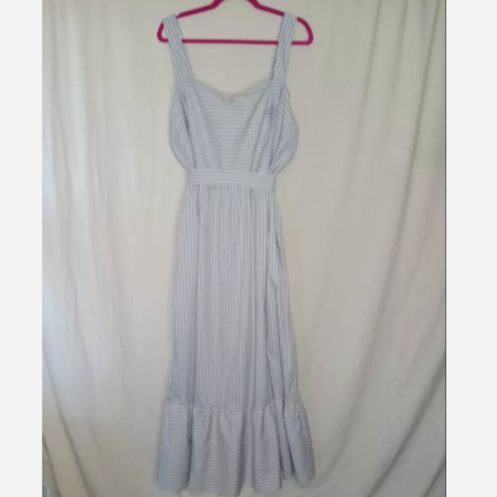 A New Day‎ Sundress Gray Blue White Striped Belted Ruffle Maxi Summer 2X NWT